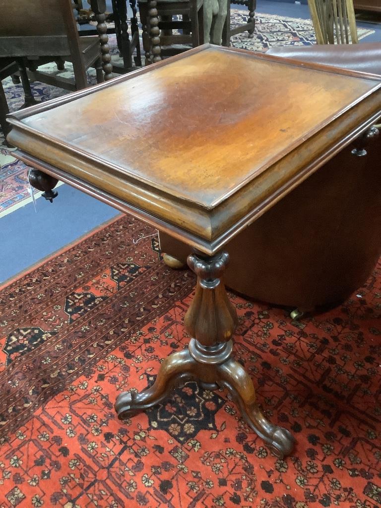 A Victorian rosewood rectangular tripod table, width 49cm, depth 39cm, height 75cm